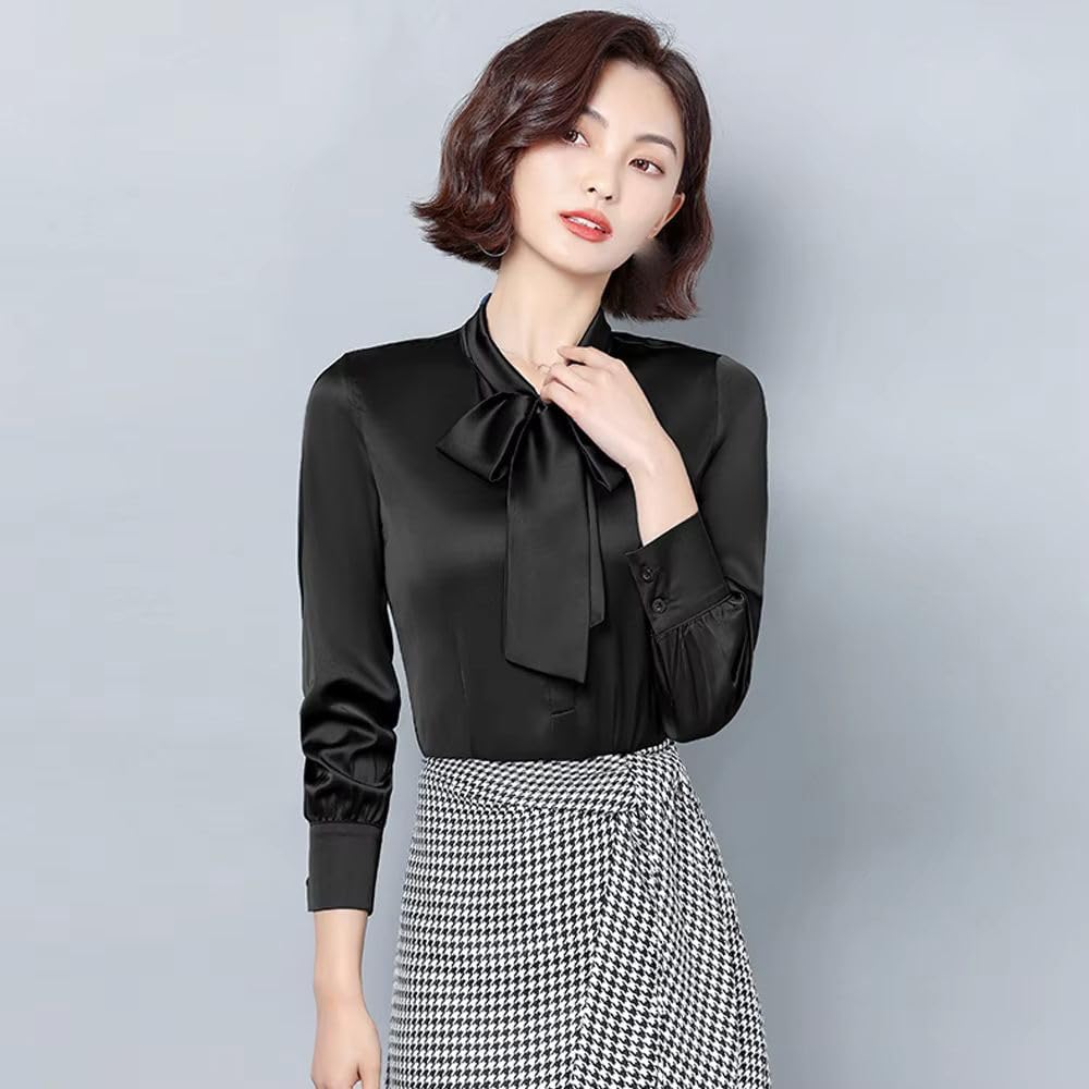 Women's Elegant Long Sleeve Blouse with Bow Collar Office Top White Satin Blouse