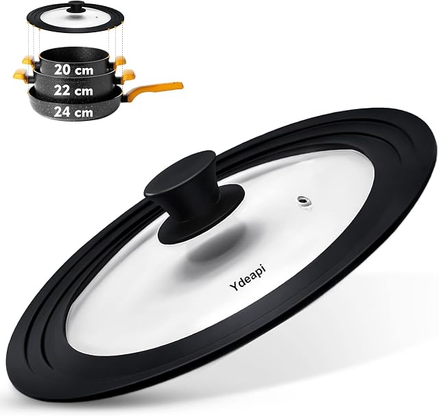 Ydeapi Universal Lid - Silicone Ring for 20/22/24 cm Diameter Pots and Pans, Space saving, Graduated Edge Design, Steam Hole Glass Lids, Dishwasher Safe