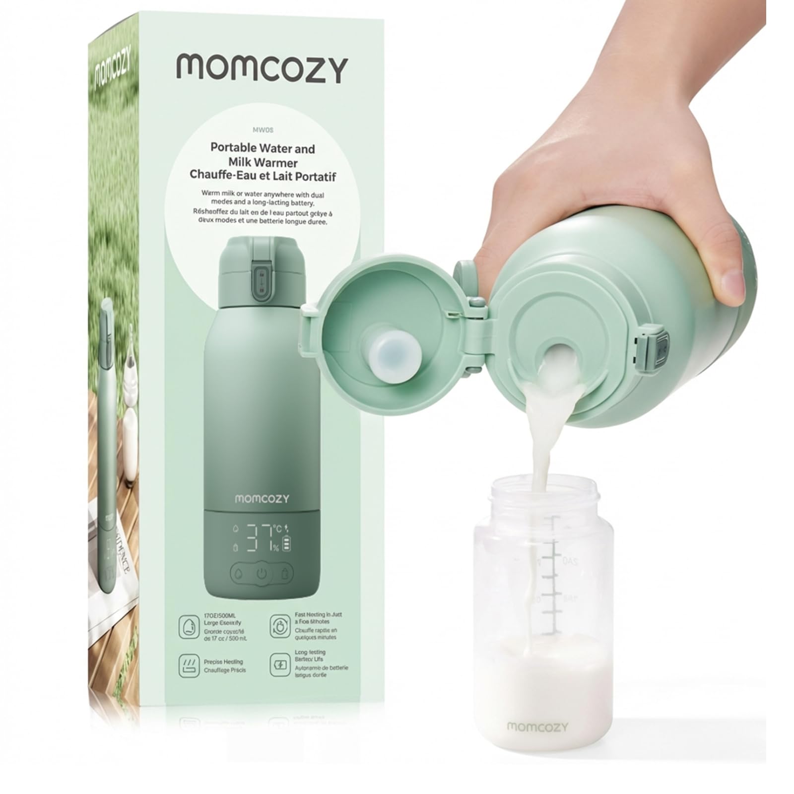 Momcozy MW05 Tragbarer Flaschenwärmer Baby 500ml Kapazität Akku TÜV-CE zertifiziert Schnellaufheizen 3 Min BPA-frei USB-C Kabel Grün