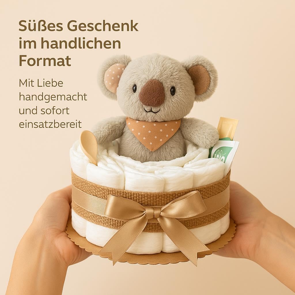 Tarta de pañales para niña y niño con koala Greifling, Boho Vintage Handmade | Regalo de nacimiento para bebé, con pañales premium, cuchara para bebé y té orgánico, neutral para baby shower y bautizo