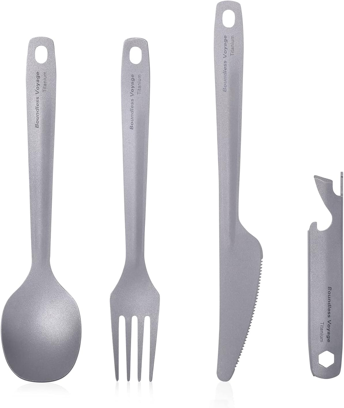 iBasingo Titanium Knife Fork Spoon with Bottle Opener 4 in 1 Camping Travel Ultralight Cutlery Set Outdoor Kitchen Portable Metal Tableware Set Ti1066T
