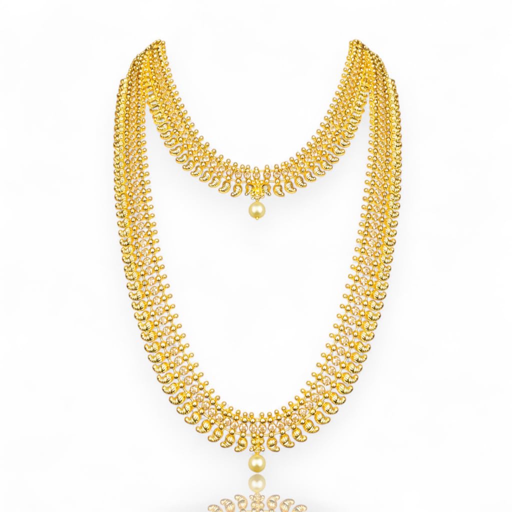 South Indian Bridal Necklace with Adjustable Back Chain | Mango & Stone Design | Great for Special Gatherings | (Crystal White, Combo - Short & Long Necklaces)