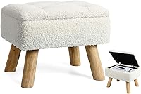 OGEMXU Cream Storage Ottoman: Small Teddy Velvet Footstool with Padded Seat, Sturdy Wood Legs for Living Room, Bedroom, Entryway