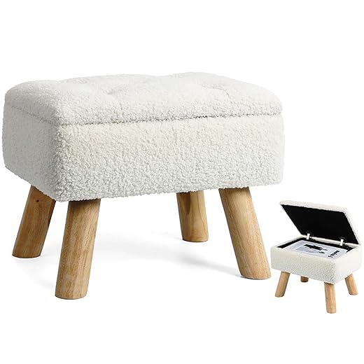 OGEMXU Storage Ottoman, Small Foot Stool Ottoman with Storage, Boucle Teddy Velvet Foot Rest with Padded Seat, Sturdy Wood Legs Stool for Living Room, Bedroom, Couch, Enterway (Cream)