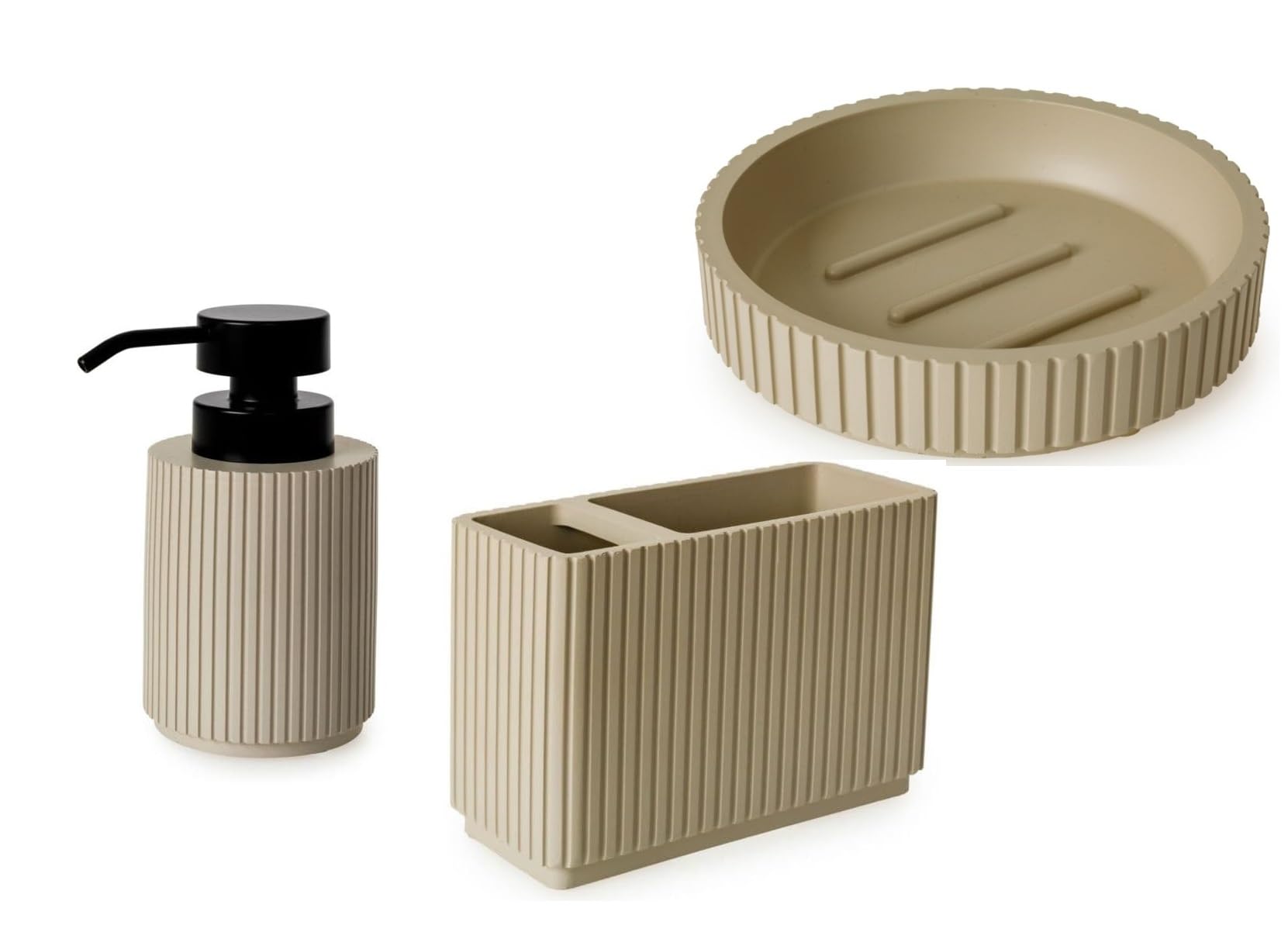 Textured Edge Bathroom Accessories Set Soft Resin Made Toothbrush Holder, Lotion Soap Dispenser, Soap Tray, Toilet Brush, Bin Bath Mat - Modern Bathroom Decor - Bathroom Organiser (Almond, 3 Pcs)