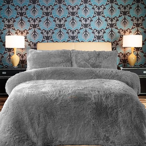 PARADISE STAR Parure de lit en polaire avec housse de couette et taie d'oreiller assortie, Parure de drap - Chaude et confortable - Argenté - Lit double 200 x...