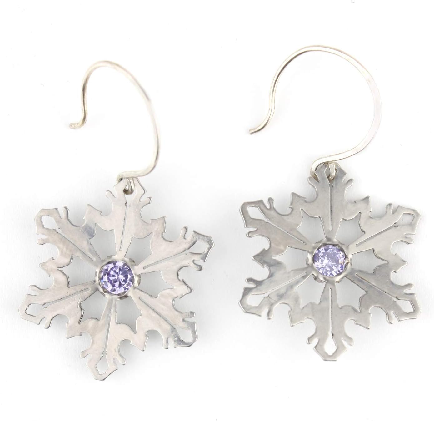 Snowflake Earrings, Stainless Steel with Lavender Cubic Zirconia, Sterling Earwires