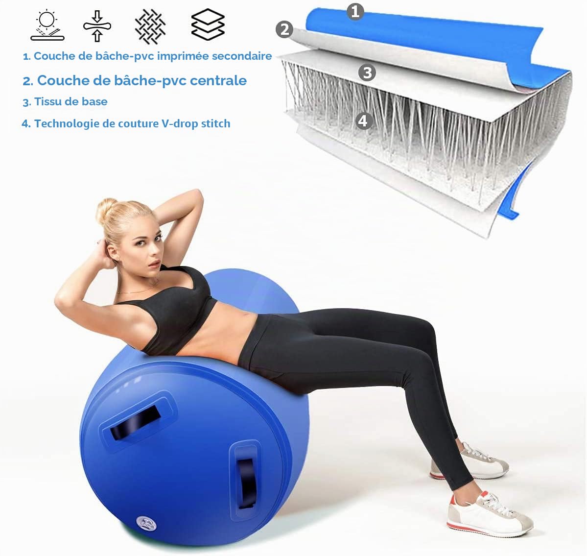 Air Roller Gym Tapis de Gymnastique Rythmique Gonflable 60 75 90 CM Cylindre à air gymnastique Roll avec pompe pour la formation de rebond des mains/maison/yoga/Fitness