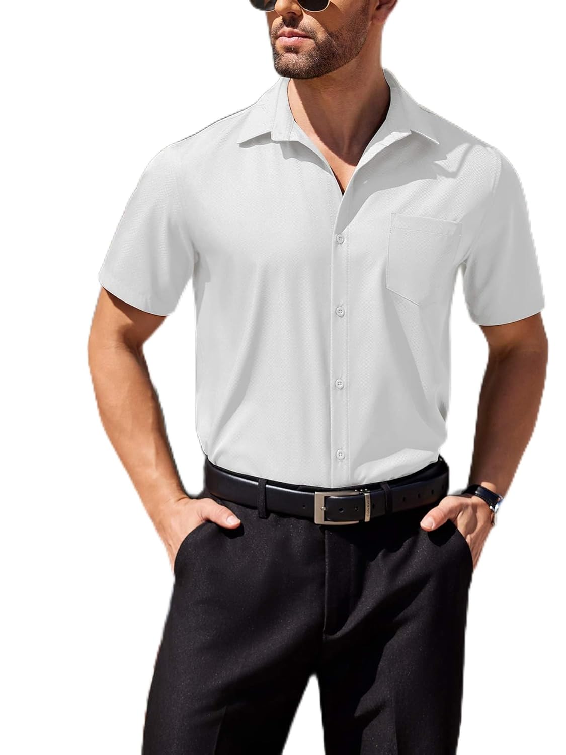 Camisa social masculina de manga curta, sem rugas, ajuste regular, texturizada, casual, abotoada
