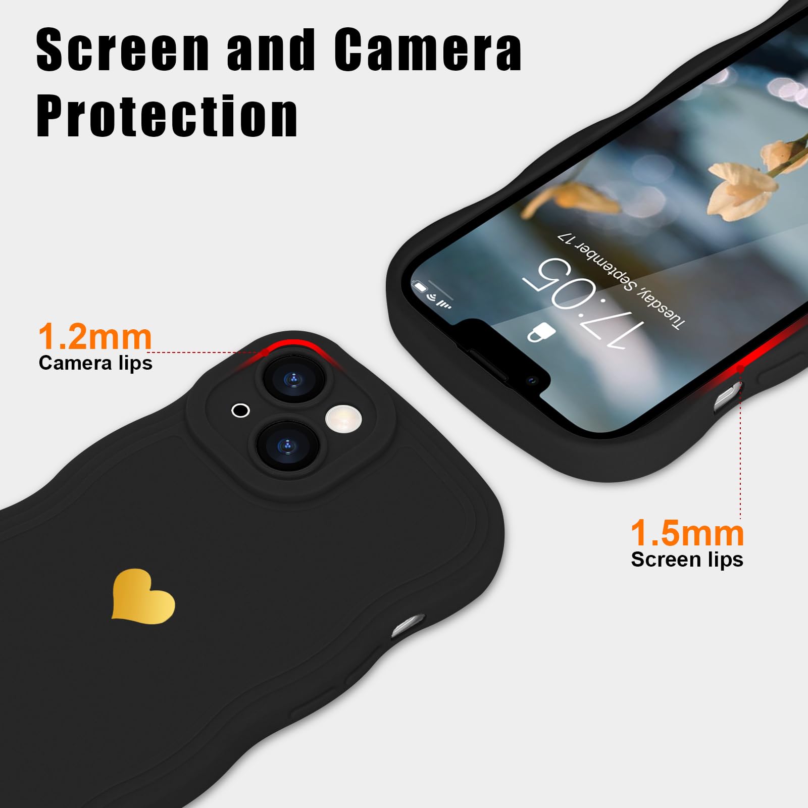 LAPOPNUT for iPhone 14 Case,Cute Curly Wave Frame Love Heart Phone Case for Girls Women,Soft Silicone TPU Bumper Shockproof Camera Protective Cover for iPhone 14 6.1 inch,Black - Image 3