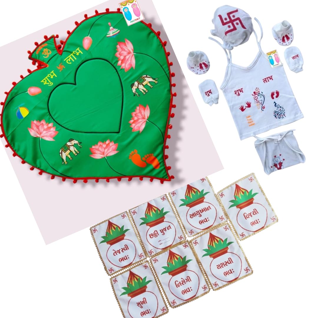 Newborn Baby Chhathi Ceremony Kit (Set of 3) | Traditional Namkaran Pooja Set with blessing matterass cards, Baby Outfit & Blessing Accessories | 6th Day Shashti Pujan-image-43