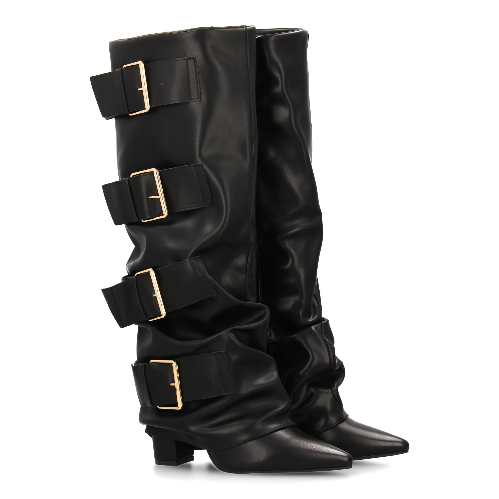 Botas Altas para Mujer con Hebillas y Efecto de Forro. Punta Fina y Tacon Comodo, Estilo Moderno y Elegante, Ideal para la Temporada Otono Invierno.