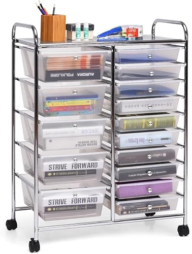 LUARANE - Carrito rodante con 15 cajones, carrito de almacenamiento para manualidades con asas portátiles y ruedas con cerradura, organizador de