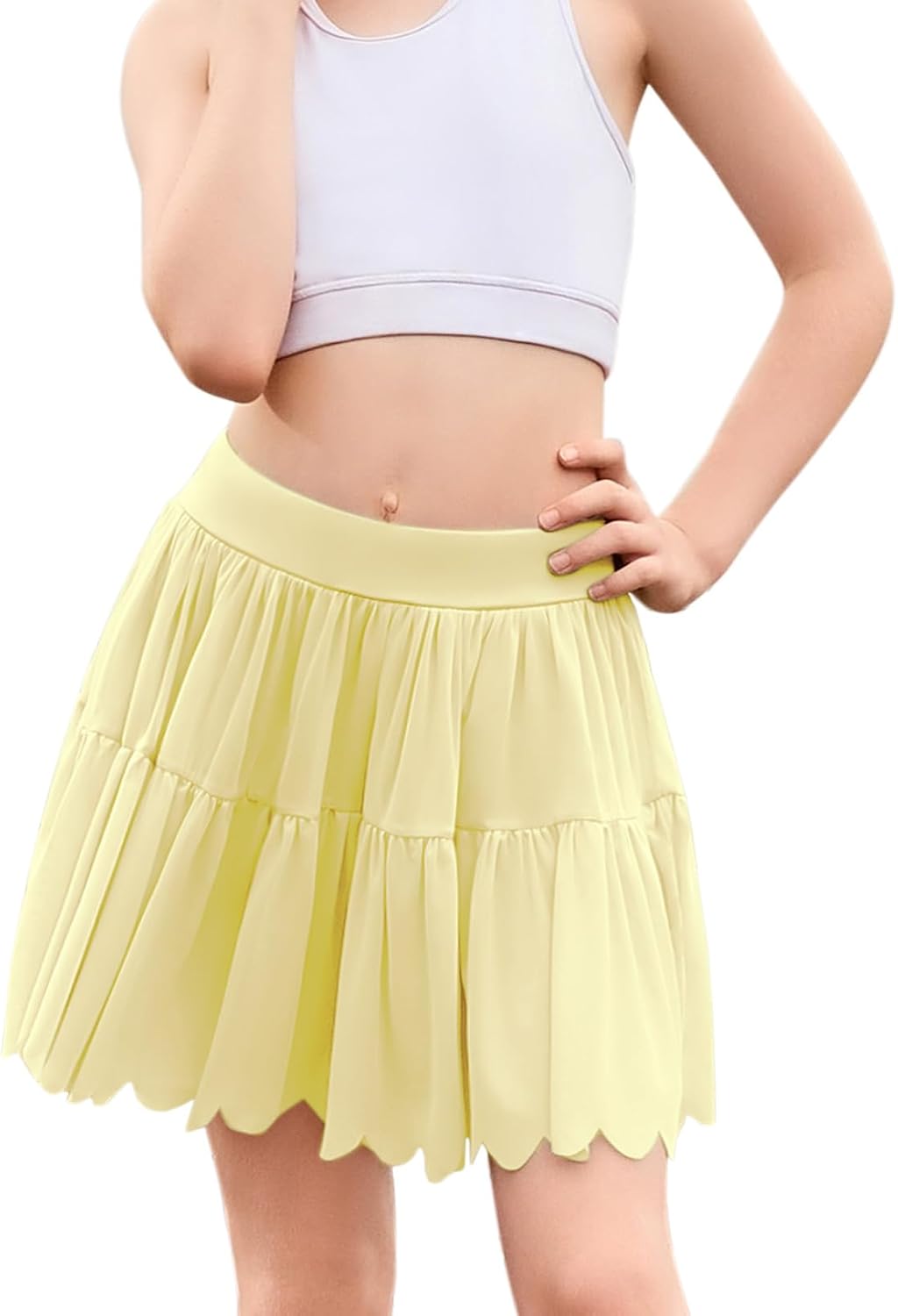 Girls Tennis Skirts Ruffle Athletic Skort Tulle Pleated Skirt with Shorts Pockets 4-13Y