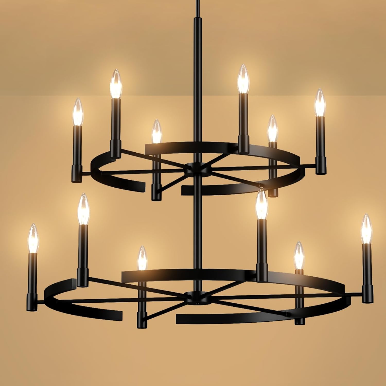 40 Inch Wagon Wheel Chandelier 12 Light, 2 Tier Large Chandeliers for High Ceilings, Industrial Black Modern Farmhouse Chandeliers for Dining Room Kitchen Entryway Foyer Living Room Bedroom