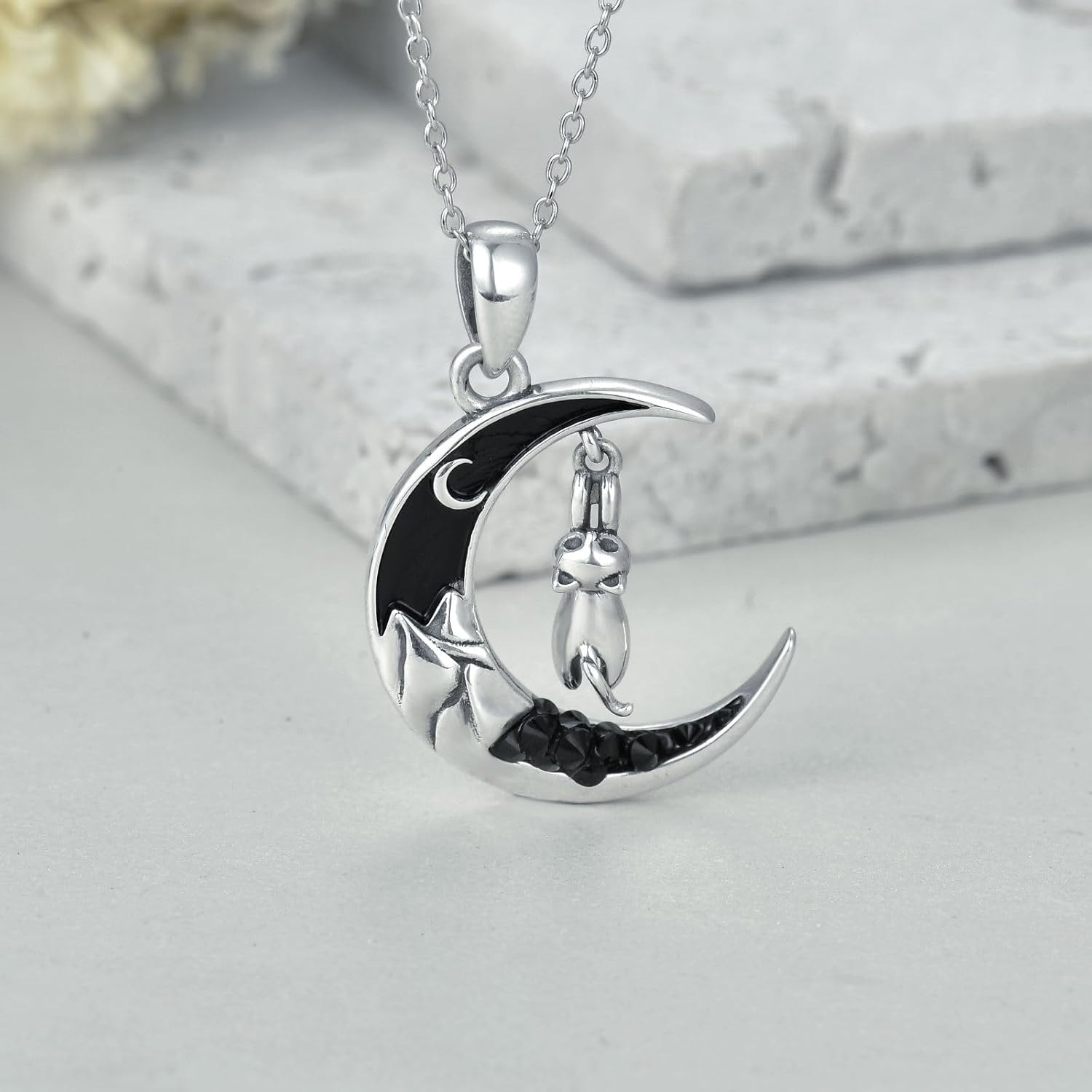 Gothic Jewelry Bat/Cat/Wolf/Dragon/Owl/Fox/Spider/Sun Pendant Sterling Silver Crescent Moon Necklace for Women Black Jewelry Gifts