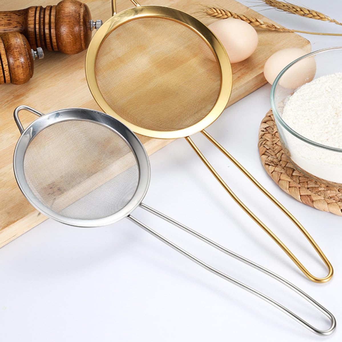 Set da 3 Pezzi Colino a Rete Fine in Acciaio Inox Dorato Foro per Appendere, Filtro Multifunzione per Succo, Farina e Uso Cucina