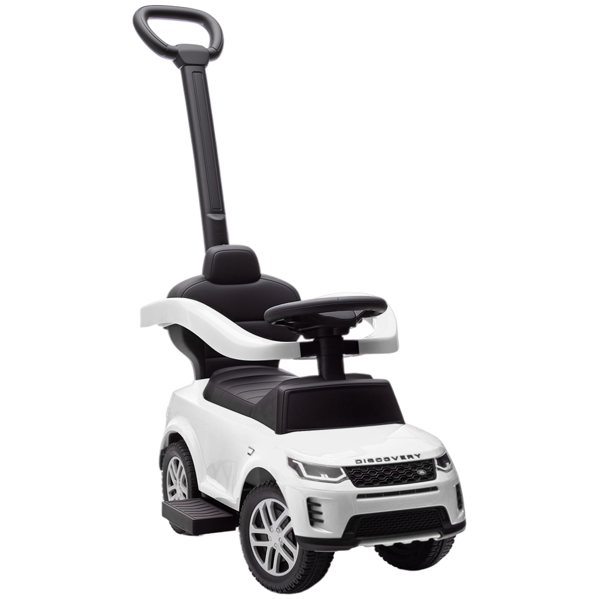 AIYAPLAY Macchina Primi Passi Cavalcabile per Bambini 1-3 Anni Licenza Land Rover Discovery con Maniglione e Barriera a 360°, Passeggino per Bambini in PP e Acciaio, 84x40x94.5 cm, Bianco