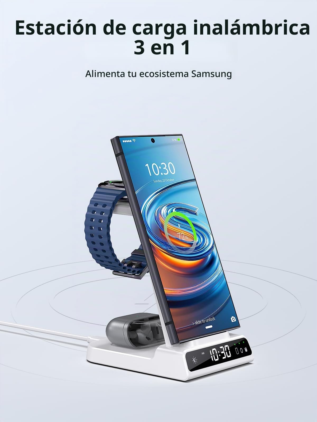 Cargador Inalambrico para Samsung, 3 in 1 Wireless Charger para Samsung für Galaxy S25 Ultra/S24/Z Fold 6/Z Flip 6, Base de Carga con Reloj Digital para Galaxy Watch Ultra/8/7/6, Galaxy Buds Pro 2