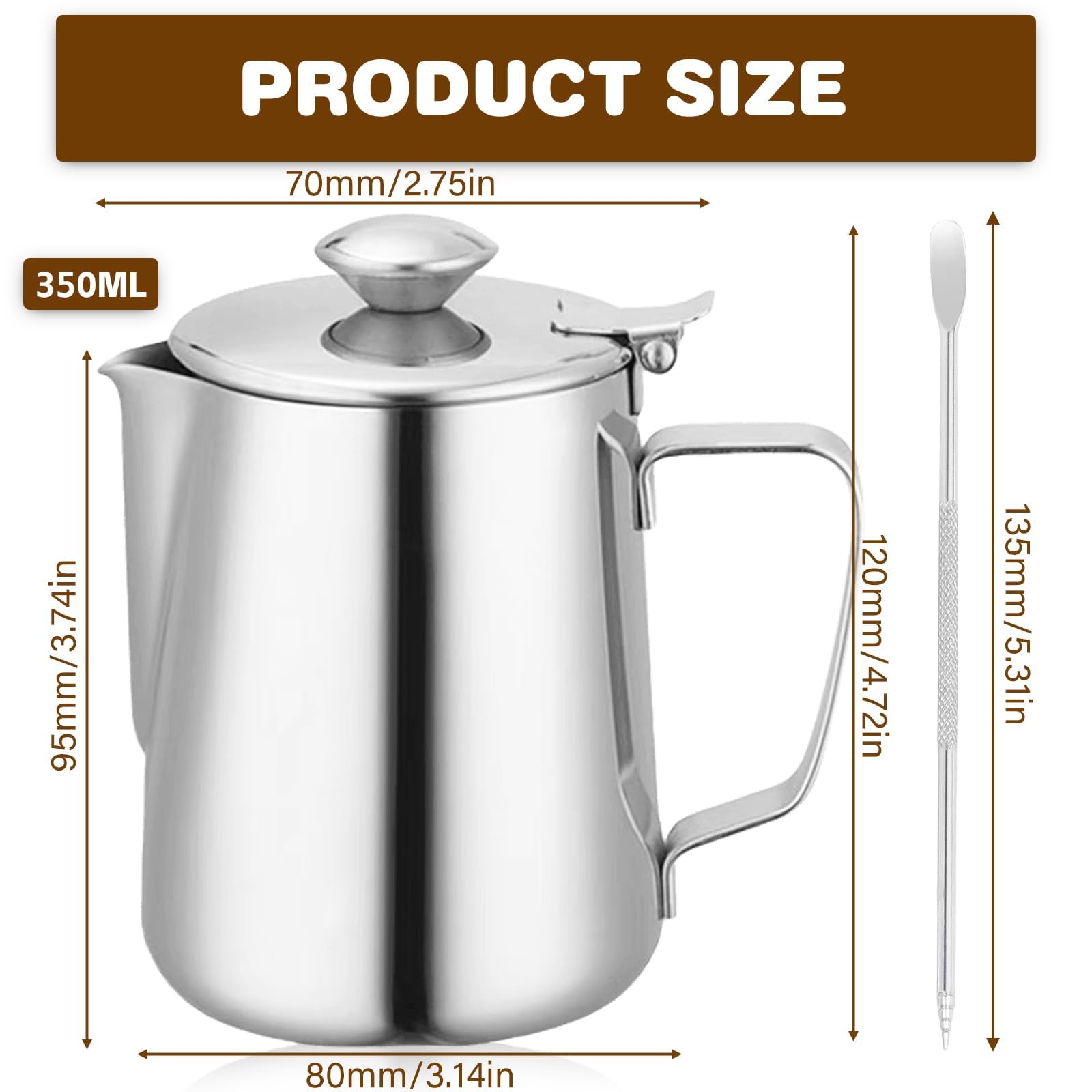 GOMETY 350ml Edelstahl Milchkännchen mit Deckel, Milchkanne Kaffee Kännchen Milchaufschäumer Sahnekännchen Milchschaumkännchen Coffee Barista Zubehör mit Kaffee-Latté-Art-Nadel für Cappuccino (350ml)