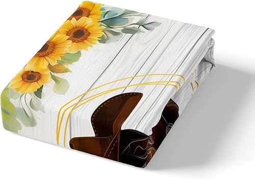 Miniatura 5 de Manfei Juego de funda de edredón con botas de vaquero, tamaño individual, juego de ropa de cama de girasol amarillo, 2 piezas para decoración de