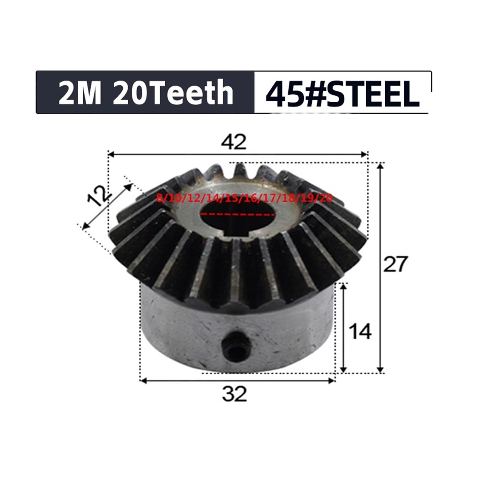 Bevel Gear Pinion Hardware Mechanical Bevel Gear 2M 20Teeth Inner Hole 7/8/10/12/14/15/16/17/18/19/20 Mm Gear 90 Degrees Mmeshing Angle Steel Gears Screw Hole M5(7mm)