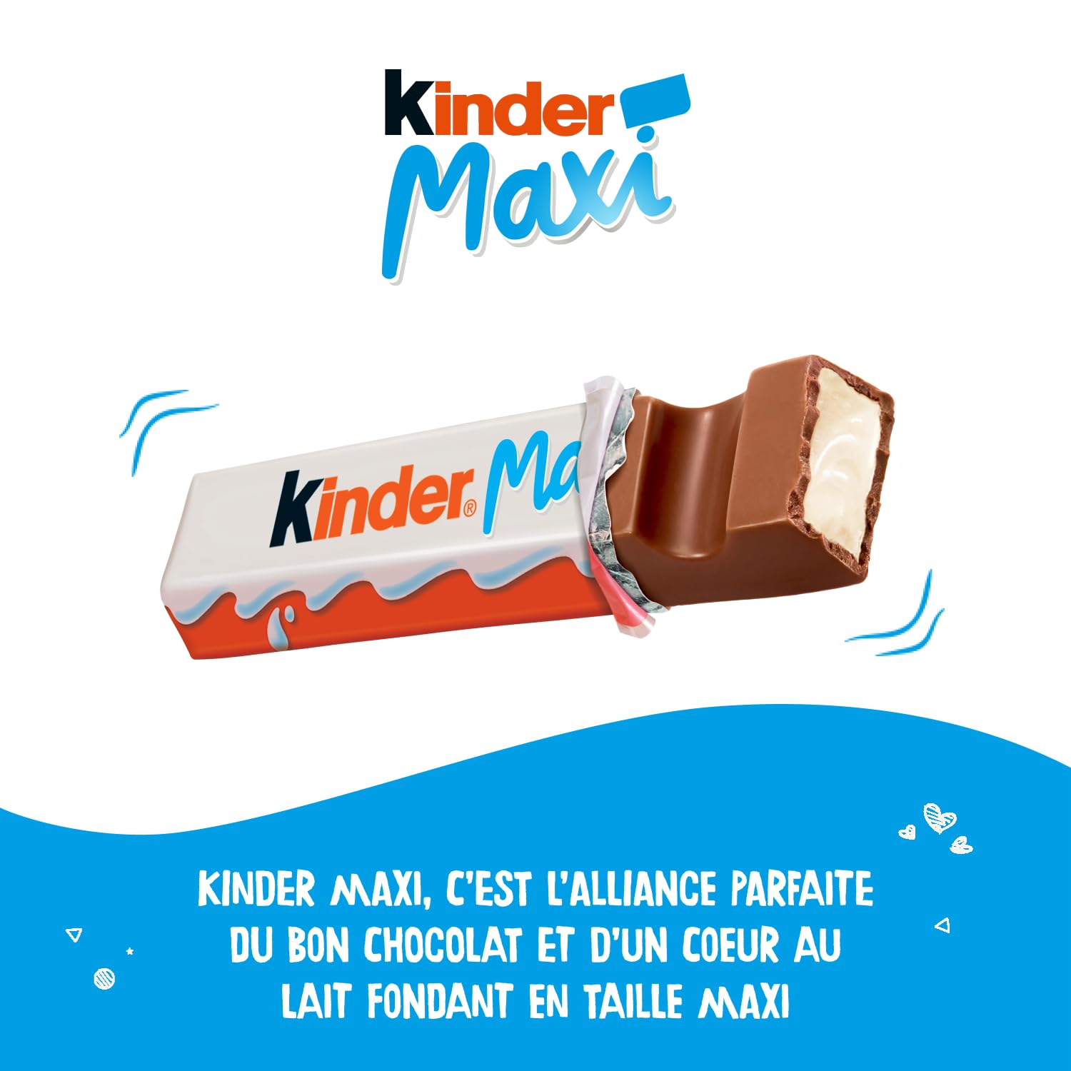 Kinder Maxi – batonik czekoladowy z sercem z mlekiem z masy cukrowej powleczonej czekoladą Kinder – smak masy cukrowej i smakoszy – format rodzinny – 36 batoników