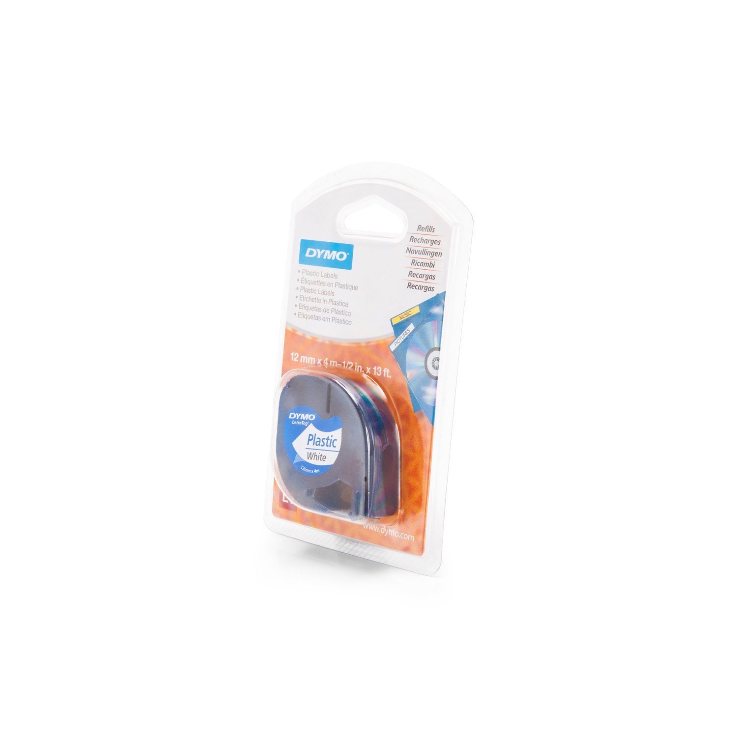 BEST PRICE SQUARE DYMO LetraTAG Plastic Tape 12mm x 4m, 91201 (12mm x 4m Black on White), Blanc,Noir