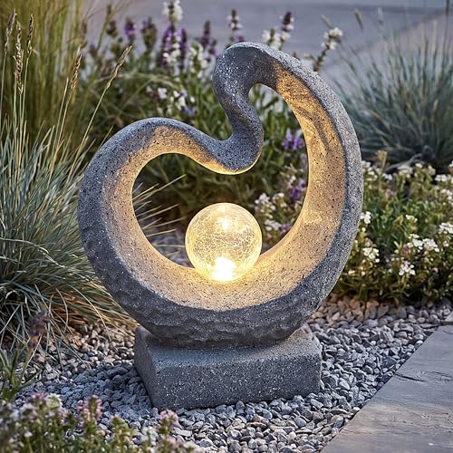 Arnusa Solarleuchte Skulptur Granit-Optik Moderne Solarlampe 33 5 x 39 cm Gartenfigur Statue mit Glaskugel warmweiß Gartenbeleuchtung Gartendekoration