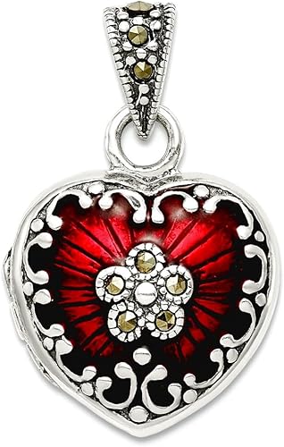 JewelryWeb Medallón de plata de ley 925 con diseño de corazón de amor y marcasita, pulido artesanal, esmalte rojo y marcasita, 5/8 pulgadas x 3/4