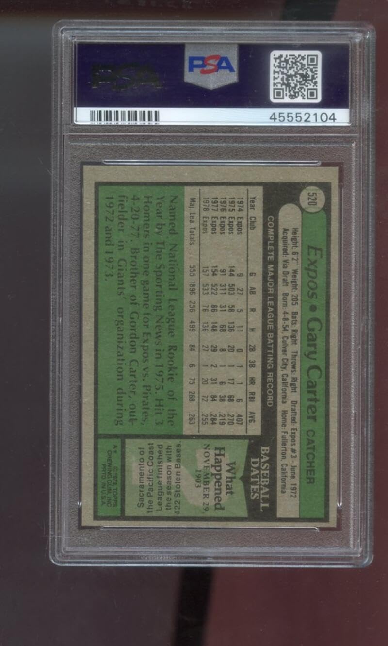 1979 Topps #520 Gary Carter PSA 9 Graded Baseball Card MLB Montreal Expos