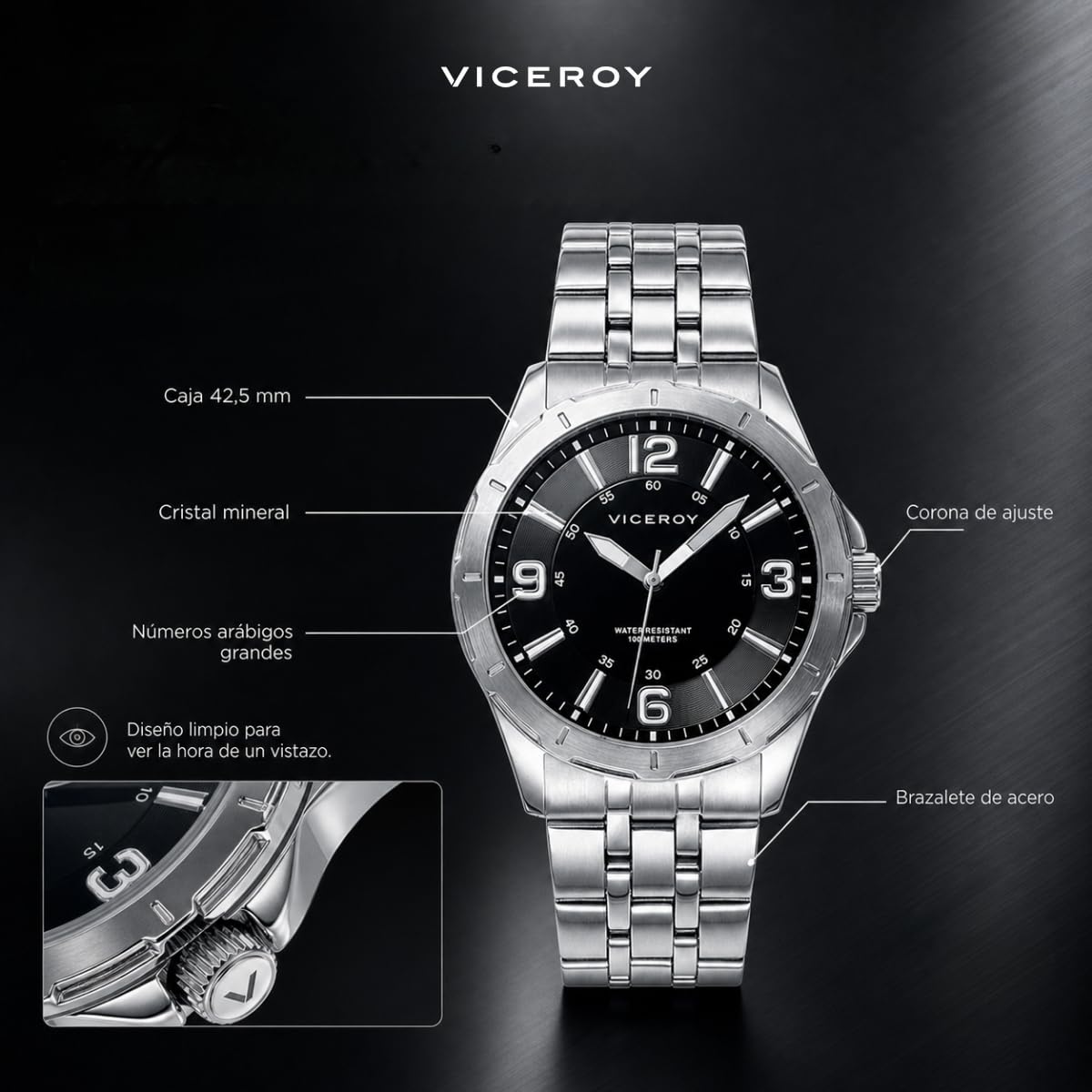 Viceroy Reloj Deportivo Hombre de Acero Inoxidable - 42 mm - Movimiento de Cuarzo - Esfera Negra - Sumergible 10 ATM - Colección Heat – 40519-55