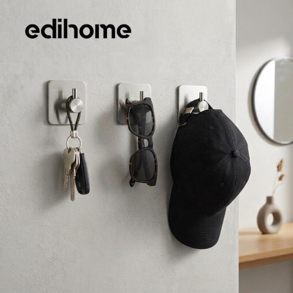 edihome, Ganchos Adhesivos para Pared, de Acero Inoxidable, Colgadores Resistentes sin Taladro, Diseño Cuadrado Moderno para Baño Cocina, Negro Blanco Gris (4, Plata) — view 7