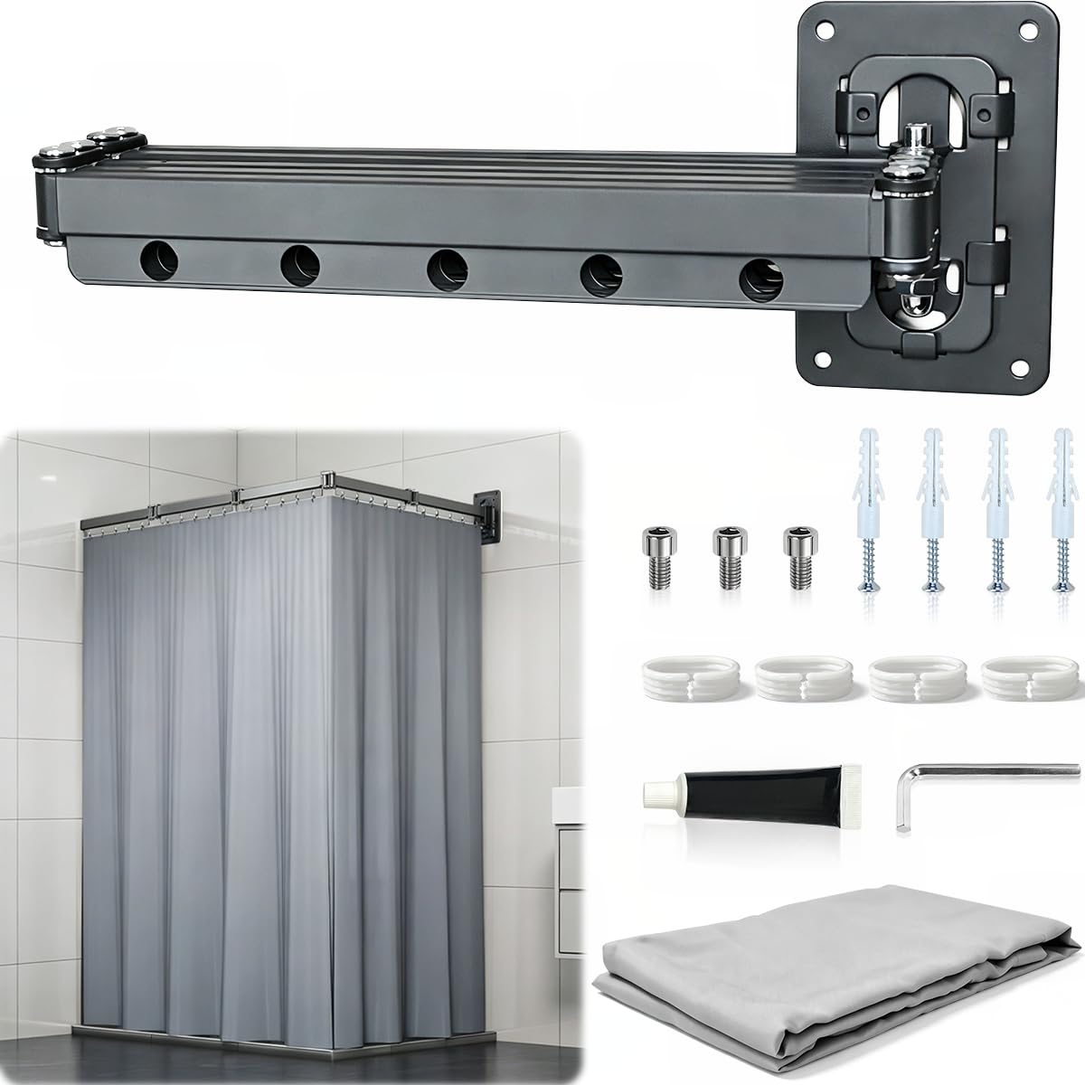 Faltbarer duschvorhang ohne bohren,mit 5 falten duschvorhangstange l/u Form,1.5×1.8m duschvorhang faltbar duschrollo,Installation von nagelfreiem Kleber und Schrauben usw,für Badezimmer Ecken geeignet