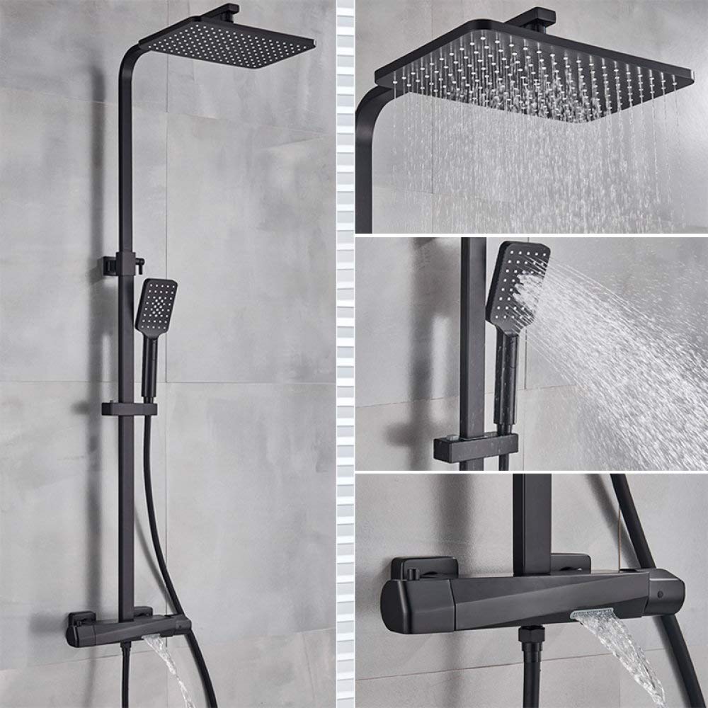 Robinet baignoire thermostatique noir anti-brûlure avec grand pommeau effet pluie