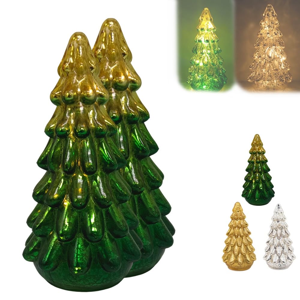 Sparkling Glass Christmas Tree with LED Lights and Timer, Christmas Tabletop Decorations Indoor, Small Christmas Tree with Lights, Xmas Tree Decorations for Fireplace, Table, Home(Gradient green,2pcs)