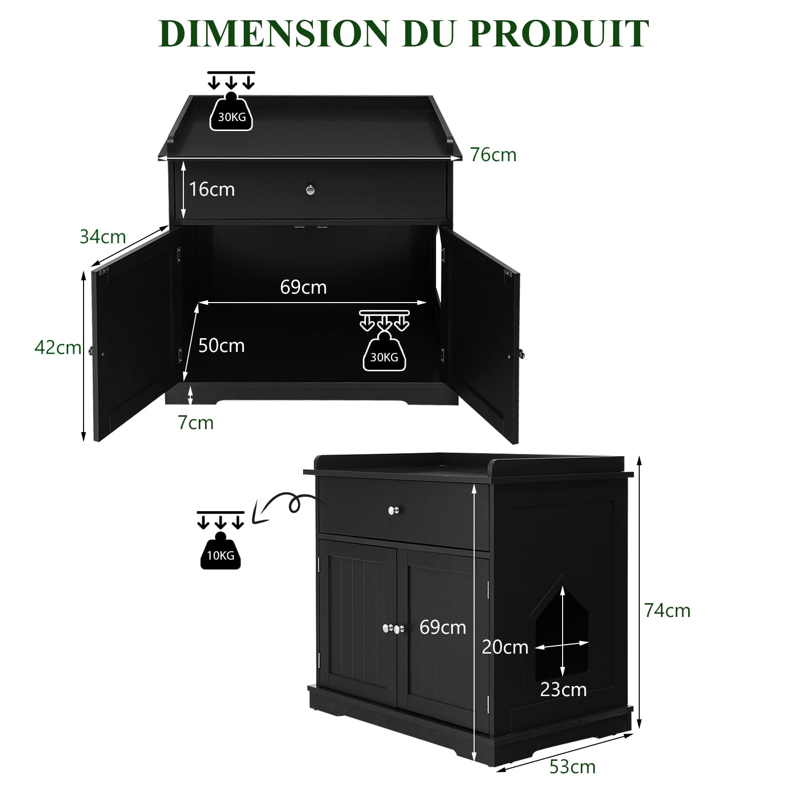 SOARS Maison de Toilette Chat avec 2 Portes et Tiroir, Armoire en Bois pour Chats avec Entrée Latérale, Abri Multifonction pour Salon, Chambre à Coucher et Entrée, 76 x 53 x 74 cm (Noir)