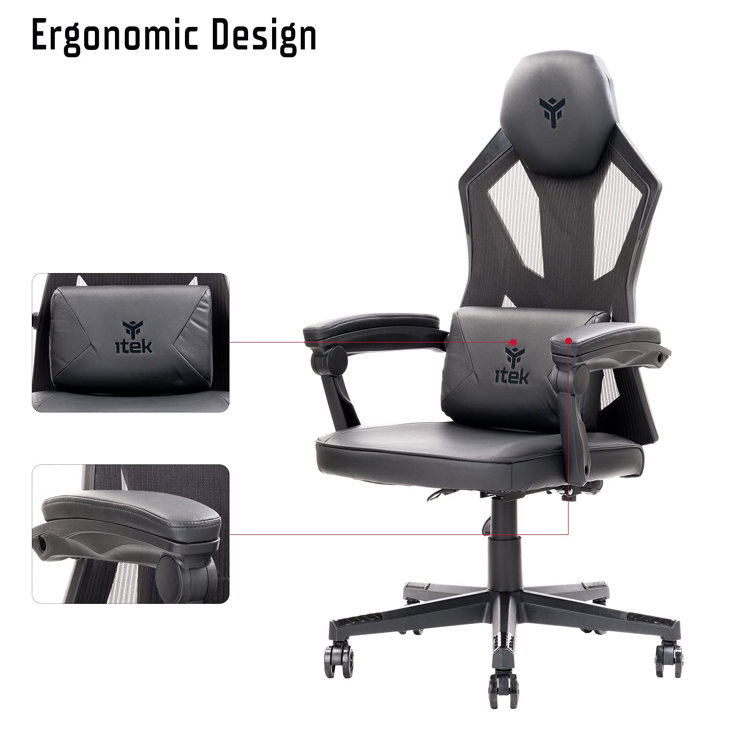 ITEK 4CREATORS CF50 Sedia Gaming ergonomica Nero, schienale reclinabile e poggiatesta regolabili, supporto lombare, comfort e design, ideale come sedia ufficio, sedia per studio e poltrona per gamer