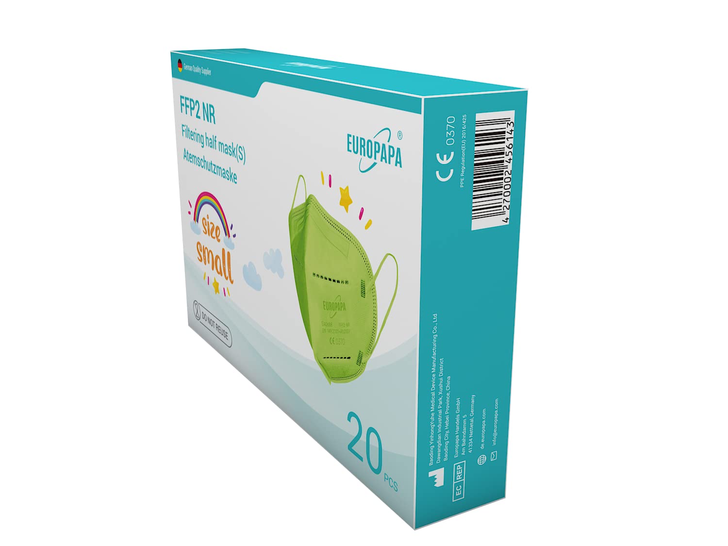 EUROPAPA 20x Maschere FFP2 S Viso Piccole Dimensioni Respiratori Igienici 5 Strati Confezionati Singolarmente