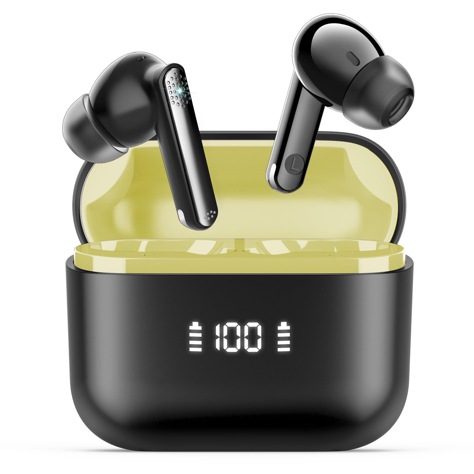 SKIUDCT Wireless Earbuds Bluetooth 5.3 Headphones 48H Playback Deep Bass Stereo Ear Buds with HD Mic LED Display in Ear Earphones IP7 Waterproof Earbuds for Laptop Pad Android/iOS Phones Yellow