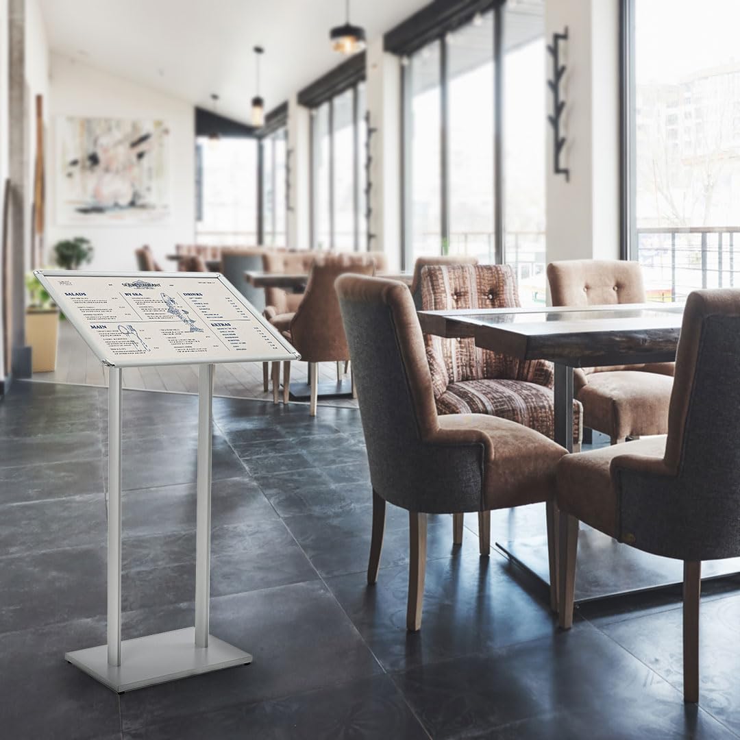 Danieli - Leggio Porta Menu A2 Orizzontale. Espositore da Terra con Cornici a Scatto in Alluminio Anodizzato Silver. Supporto da Pavimento con Base Rettangolare in MDF per Poster e Avvisi