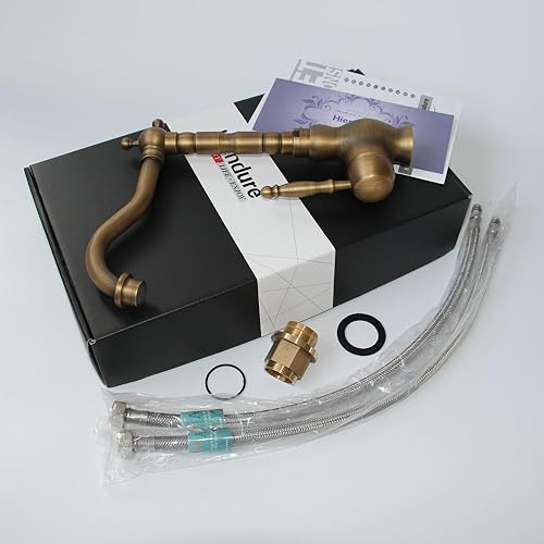 Miniatura 5 de Hiendure Latón antiguo diseñador único accesorios de fontanería de un solo agujero curva larga caño cocina grifo baño mezclador grifos