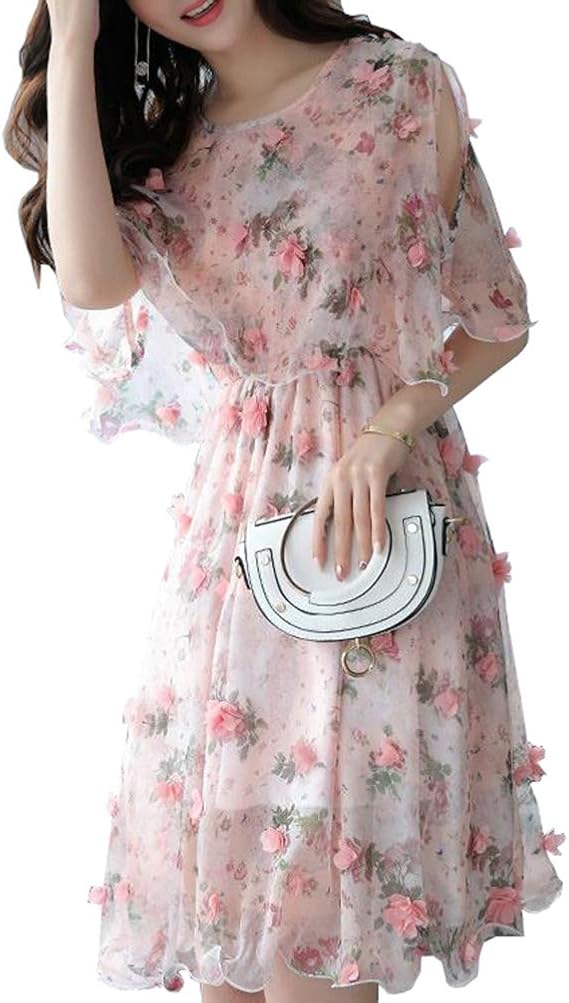 Amazon Co Jp レディース ワンピース シフォンワンピース 花柄ワンピース 五分袖 膝丈 ピンク 刺繍 M 服 ファッション小物