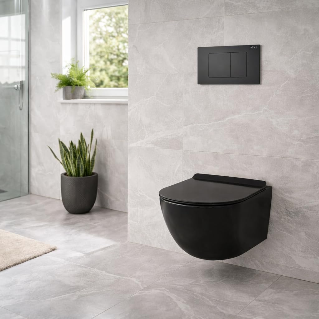 Inodoro suspendido completo - Cerámica - Sin bridas - Negro brillo - Soft-close - Cisterna empotrada CHRONO - Pulsador negro CROMO - Tapa extra fina - Diseño elegante y moderno