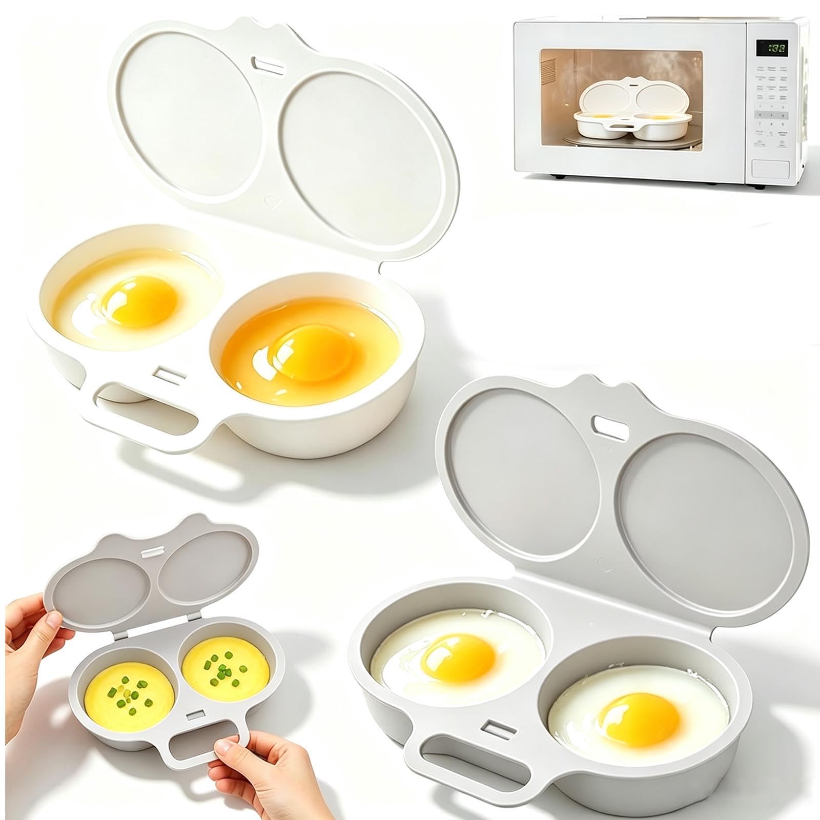 2PCS Microwave Egg Poacher, Egg Poachers with Lid & Handle, Reusable Nonstick Poached Egg Maker,Quick-Heat Microwave Egg Cooker for Kitchen Cooking Tool, Practical Gadgets(White, Light gray)