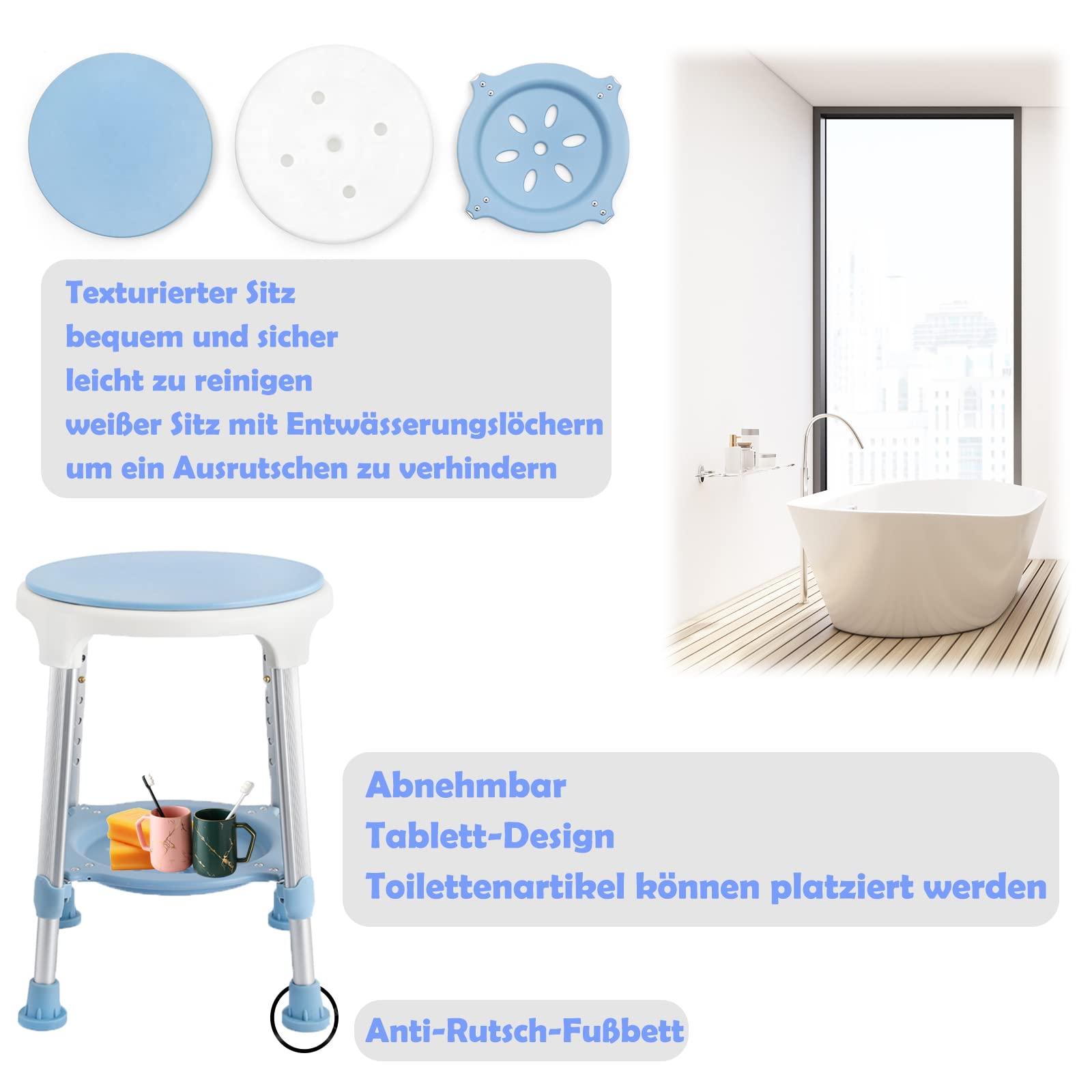 Aluminiowy taboret prysznicowy, obracany o 360°, okrągły, antypoślizgowy, z regulacją wysokości, dla seniorów i kobiet w ciąży