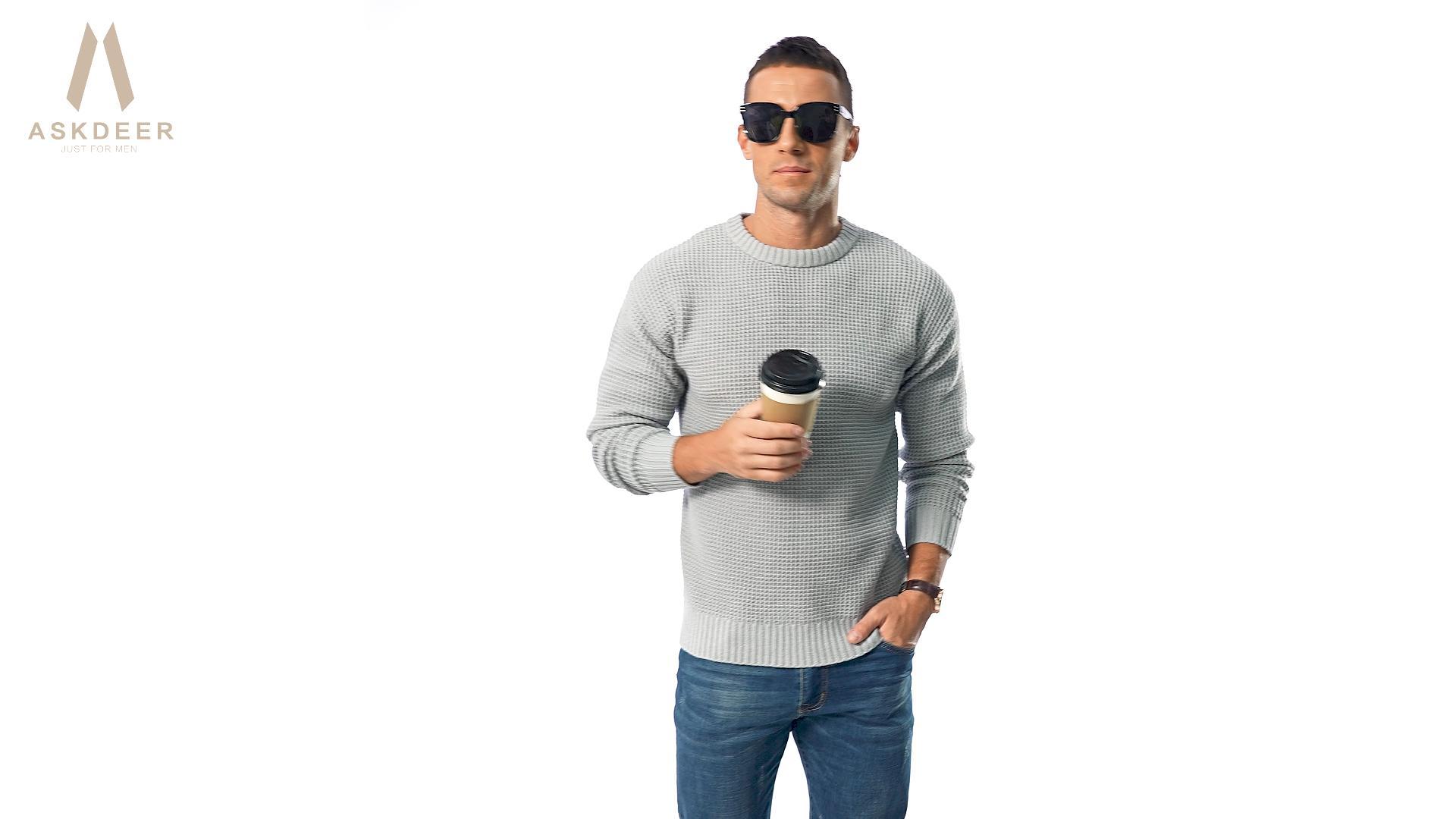 Men's Waffle Knit Crewneck Sweater - Askdeer Long Sleeve Pullover With Ribbed Edges