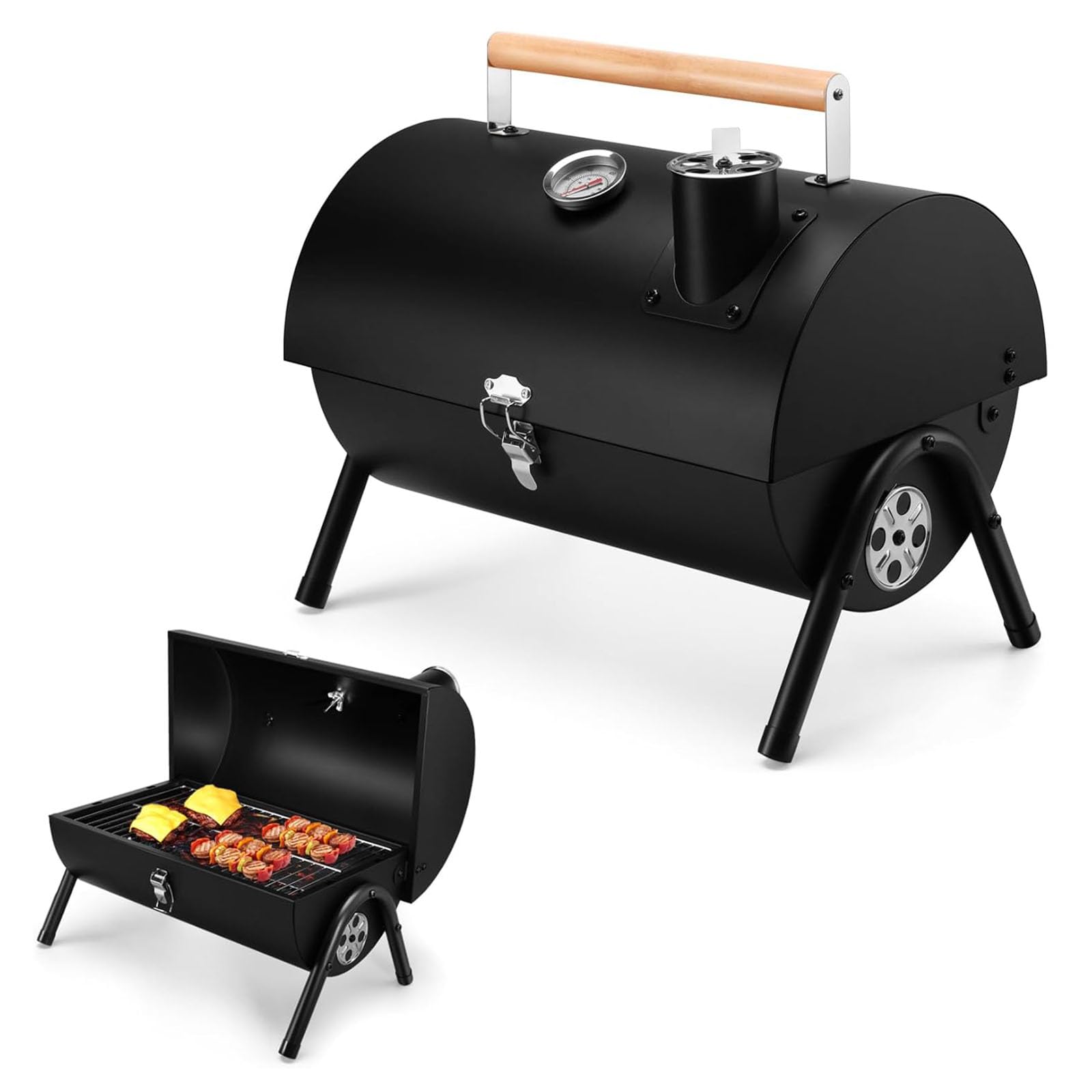 Barbecue a carbonella portatile da campeggio con coperchio, piccolo barbecue da tavolo con termometro, flusso d'aria regolabile e quantità di scarico, per cucina all'aperto, feste, campeggio, picnic