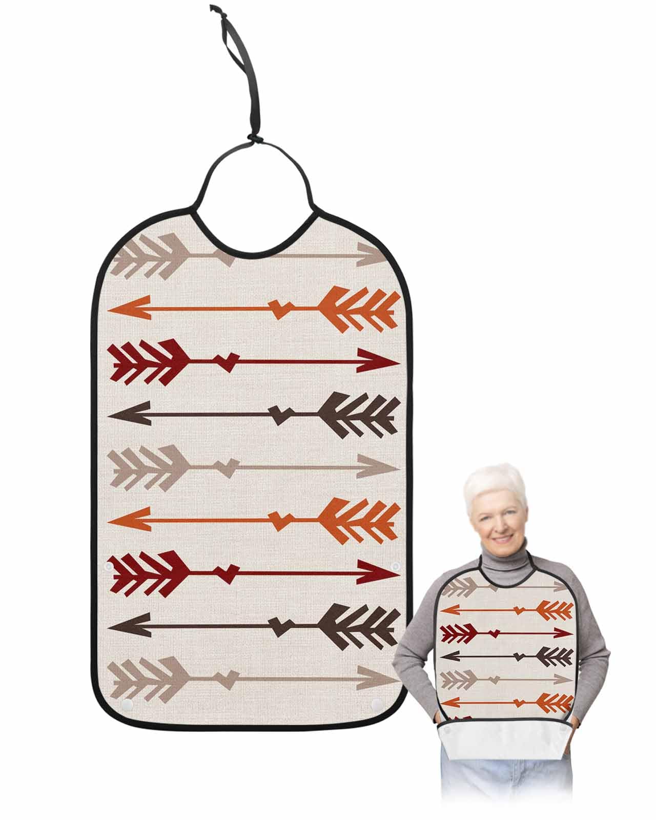 LEOKOTI Orange Red Brown Arrow Adult Bibs for Eating, Waterproof Bibs with Food Catcher & Adjustable Snap Closure, Boho Ethnic Farmhouse Washable Clothing Protectors Adult Bibs for Elderly Women/Men