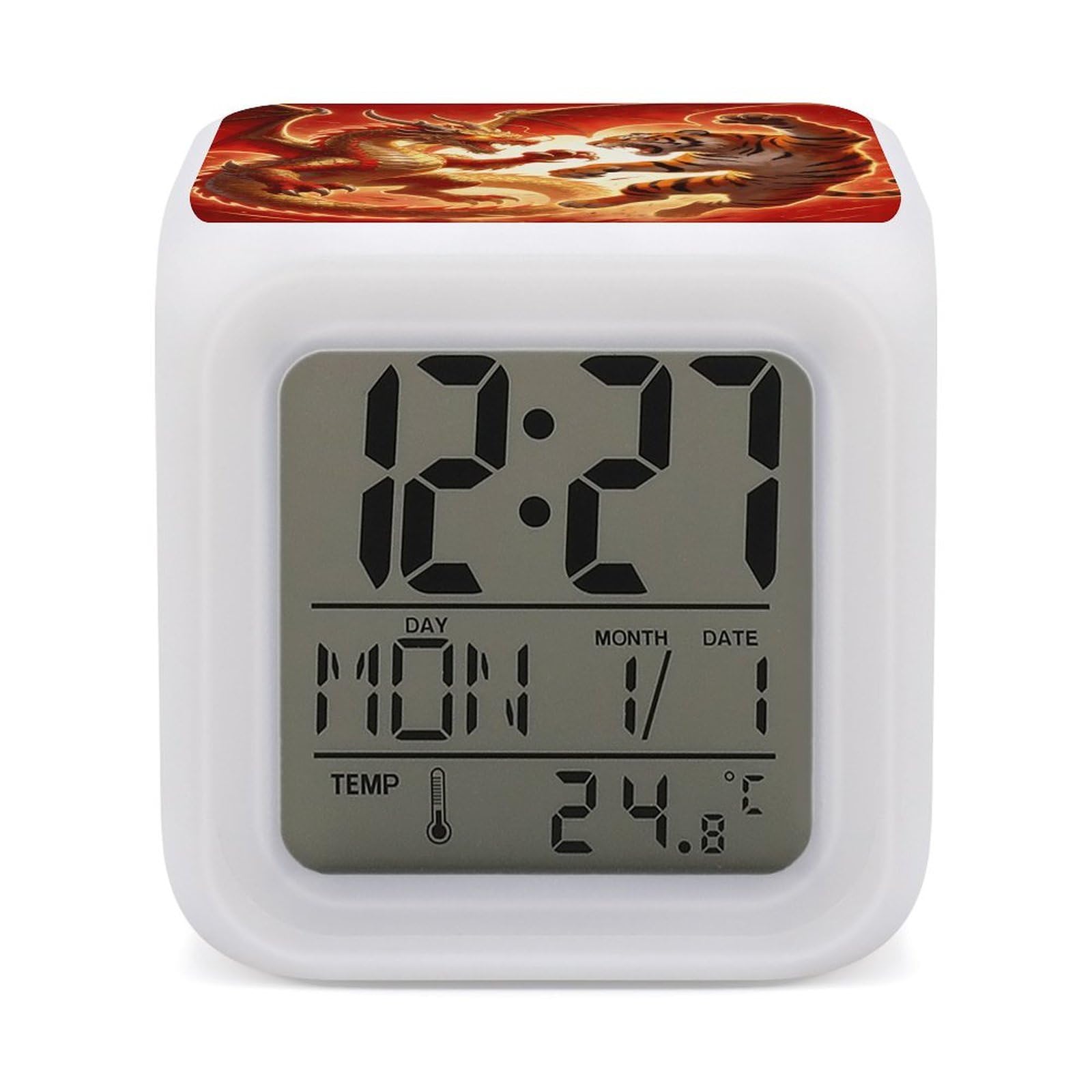 LZQPOEAS Dragon Versus Tiger Alarm Clock with 7 Color Changing Nightlight for Bedroom Calendar Temperature Display Wake Up Digital Clock Small Desk Clocks for Heavy Sleepers Adults